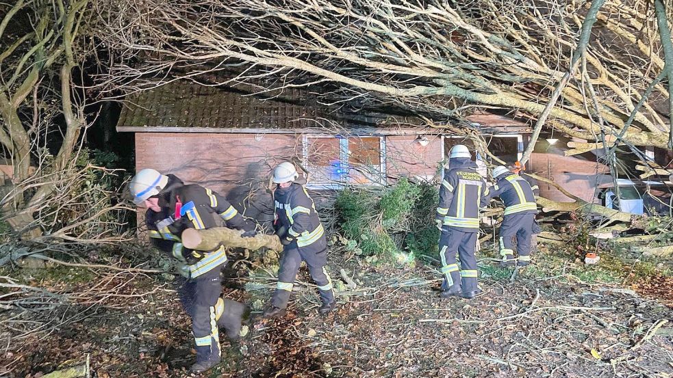 Der Sturm am Freitagabend hielt die Einsatzkräfte der Feuerwehr auf Trab. Unter anderem stürzte in Ostermarsch ein Baum auf ein Haus. Bilder: F. Stigler, M. Janssen. T. Weege