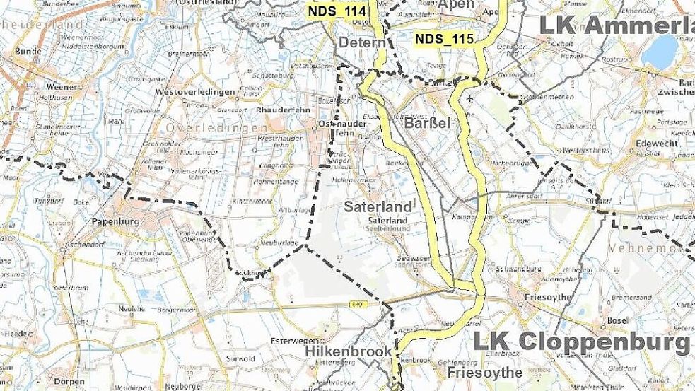 Mögliche Korridore: NDS_114 und NDS_115 sind die zur Auswahl stehenden Varianten für die Stromtrasse von Ostfriesland nach Nordrhein-Westfalen. Beide führen durch das Friesoyther Stadtgebiet. Grafik: Amprion