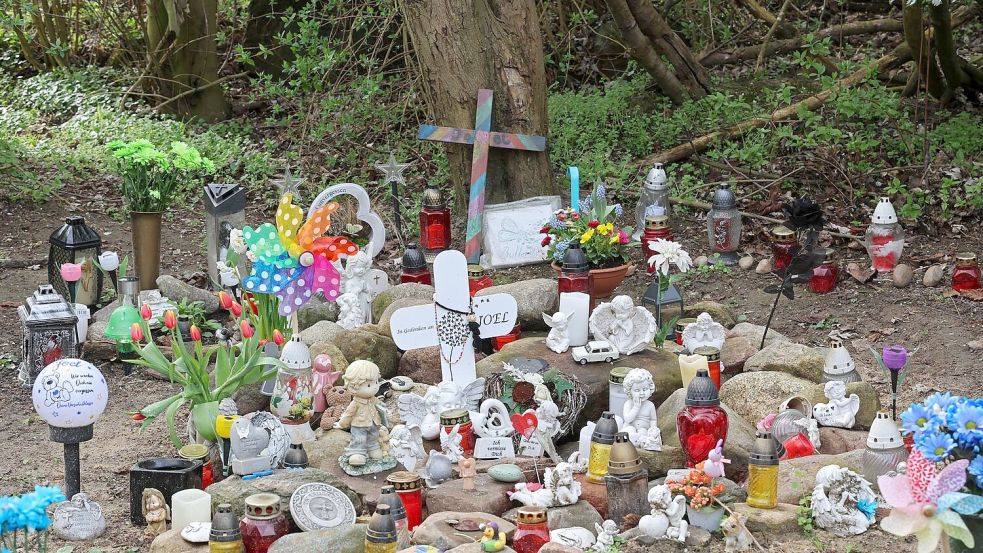 Kreuze, Figuren, Kerzen und Blumen stehen an der Stelle, wo der sechsjährige getötete Joel gefunden wurde. Foto: Bernd Wüstneck/dpa