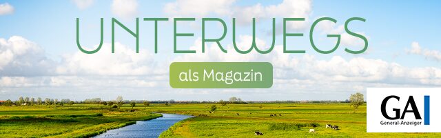 Banner mit einer grünen Landschaft und einem kleinen Fluss, der Text bewirbt das Ferienmagazin "Unterwegs" des General-Anzeigers mit regionalen Freizeit-Tipps.