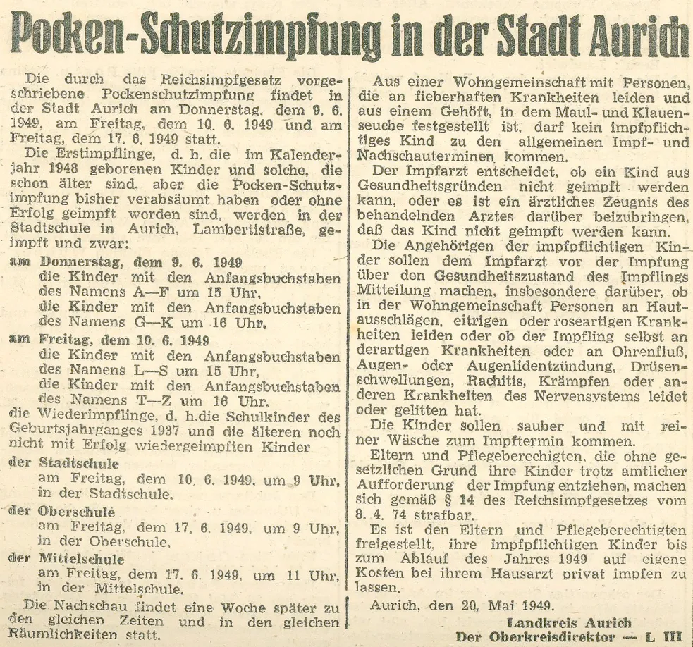Ein Zeitungsausschnitt aus dem "Amtlichen Kreisblatt für den Kreis Aurich" vom 28. Mai 1949. Es wird über den Ablauf der durchzuführenden Impfungen berichtet. Bild: Brigitte Junge (Historisches Museum Aurich)