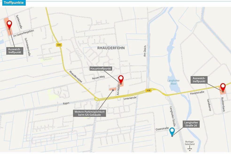 Der Haupt-Treffpunkt ist auf dem Marktplatz in Rhauderfehn. Sollte es dort zu voll sein, werden die Motorrad-Fahrer zu den Ausweich-Treffpunkten geleitet. Grafik: Malchus