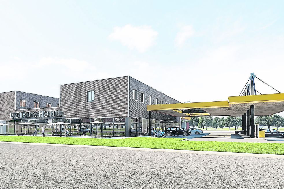 So soll er bei Fertigstellung aussehen: der neue Autohof an der A31 in Rhede. Grafik: Firma Estate Render