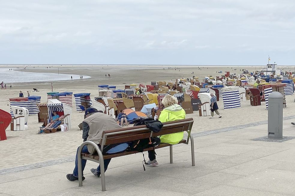Urlauber auf der Promenade der Insel Borkum. Der Sommer in Ostfriesland glänzt bislang selten mit Badehosenwetter. An vielen Tagen ist man besser mit einem warmen Pullover beraten. Foto: Heidtmann