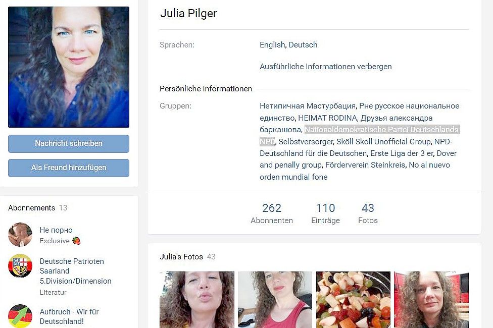 Die VK-Seite der zurückgetretenen AfD-Kreisschatzmeisterin Julia Pilger ist im Internet immer noch öffentlich abrufbar. Sie wird dort auch weiterhin als Mitglied der Gruppe „Nationaldemokratische Partei Deutschlands NPD“ geführt – unsere Zeitung hat den Gruppennamen grau hervorgehoben. Screenshot: OZ
