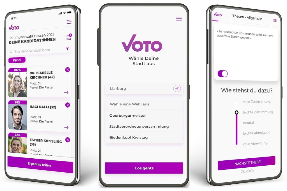 Nachdem die Nutzer bei Voto eine Wahl ausgewählt haben (Mitte), können sie Thesen bewerten (rechts) und deren Übereinstimmung mit den Kandidaten sehen. Foto: Team Tomorrow