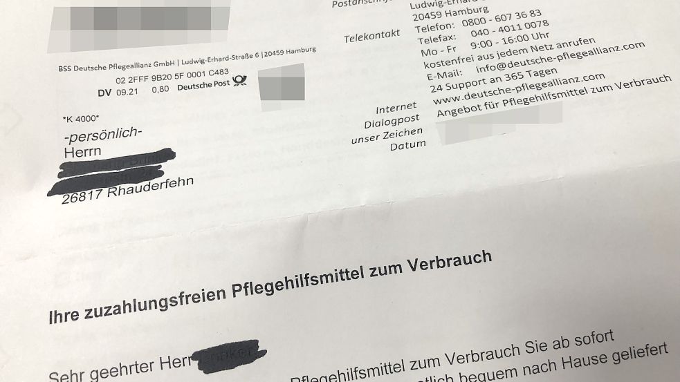 Dieses Schreiben der Deutschen Pflegeallianz erhielt der Schwiegervater des Klostermoorers Oskar Gerdes. Foto: Zein
