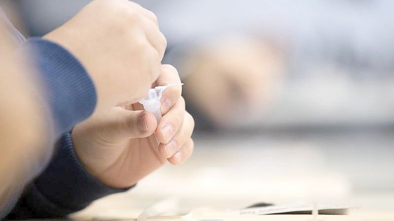 Ein Schüler macht vor der ersten Stunde an einer Schule einen Corona-Schnelltest. (Archivbild). Foto: Sebastian Gollnow/dpa