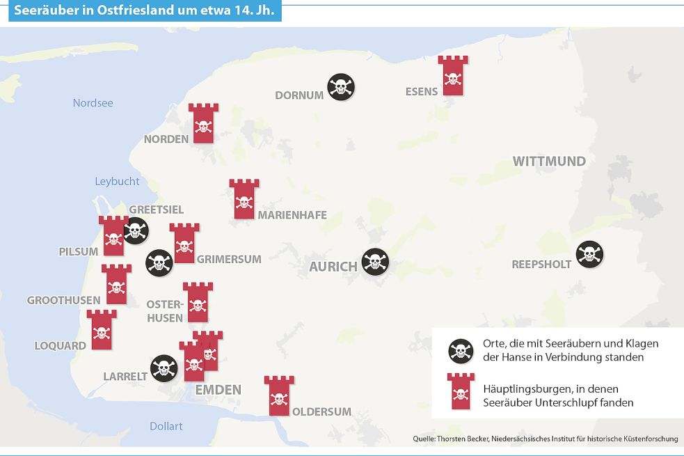 Auf der Karte wird aufgezeigt, auf welchen Burgen sich nachweislich Seeräuber versteckt haben. Grafik: Kirsten Schüür