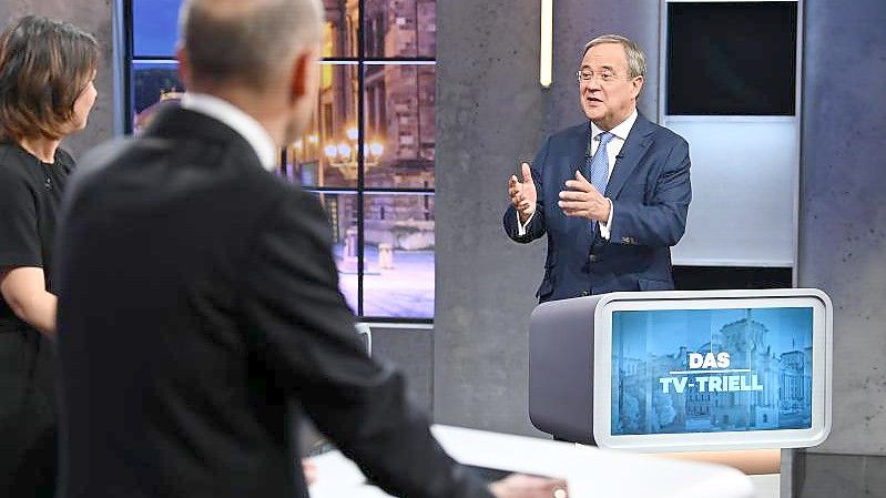 Olaf Scholz, Annalena Baerbock Armin Laschet (r) im letzten TV-Triell vor der Bundestagswahl. Foto: Willi Weber/Prosieben/Seven.One/dpa