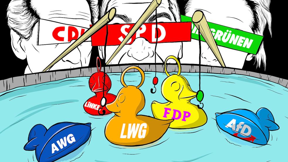 Die drei Großen – CDU, SPD und Grüne – versuchen, sich die Kleinen – Linke, LWG und FDP – zu angeln. Mit AWG und AfD will keiner von ihnen zusammenarbeiten. Illustration: Fischer