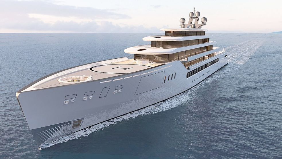 Mit bis zu 23 Knoten soll die Mega-Jacht von Meyer durch die Wellen pflügen. Ein Entwurf des Prototyps „ONE 50“ präsentierten die Schiffbauer aus Papenburg in Monaco. Grafik: Meyer-Werft