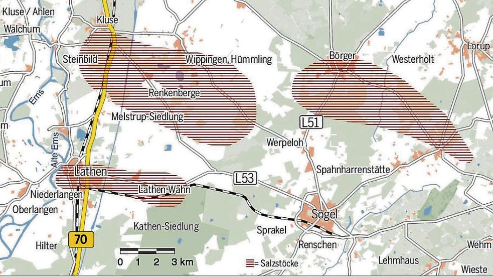 Diese drei Salzstöcke im nördlichen Emsland könnten theoretisch Atommüll für eine Million Jahre sicher verwahren – schätzt die Bundesgesellschaft für Endlagerung. Die Fläche in Börger grenzt an die Samtgemeinde Werlte. Quelle: Landesamt für Bergbau, Energie und Geologie; Grafik: NOZ/Heiner Wittwer