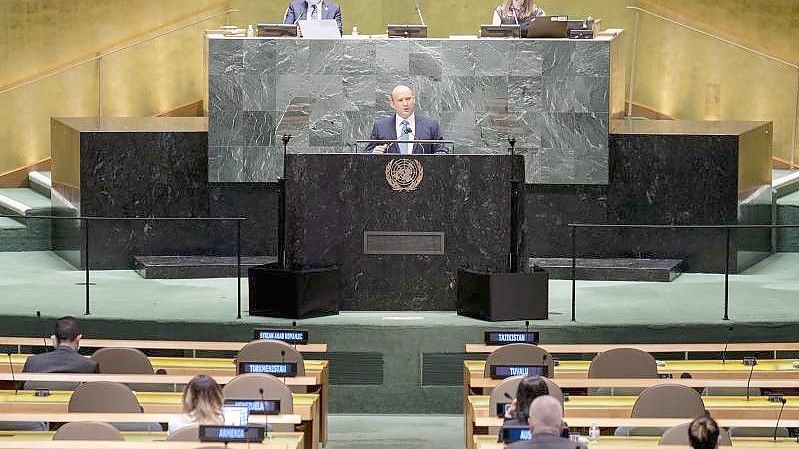 Naftali Bennett, Premierminister von Israel, spricht bei der 76. Sitzung der Generalversammlung der Vereinten Nationen. Foto: John Minchillo/POOL AP/dpa