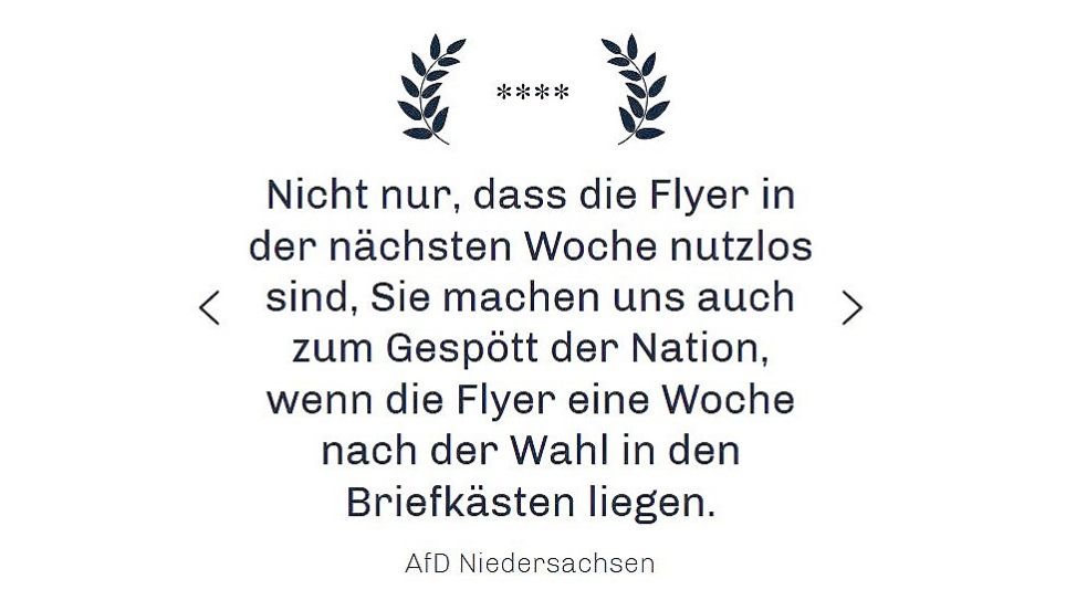 Kunden-Rückmeldung der Landes-AfD an den Flyerservice Hahn. Screenshot: OZ