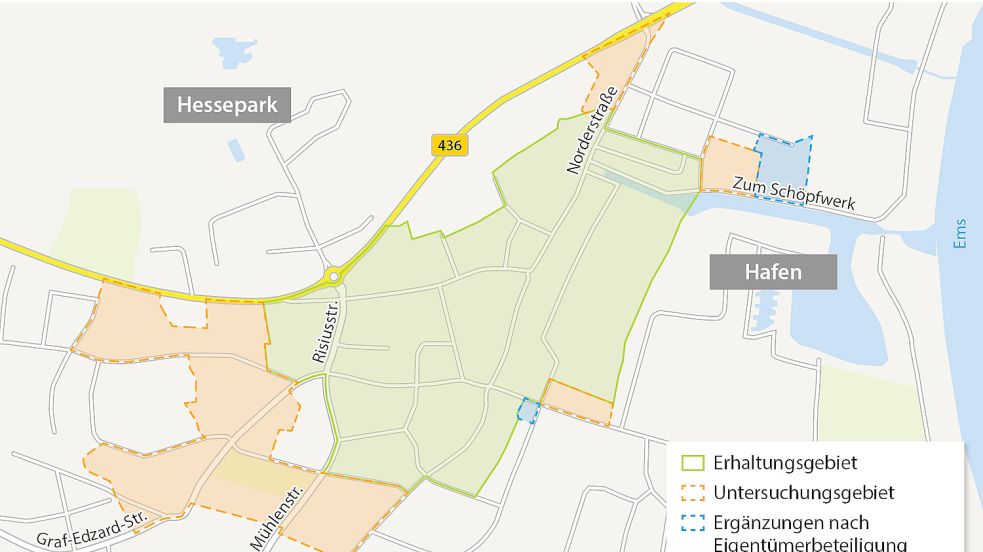 Das Fördergebiet, in dem für Sanierungsprojekte Zuschüsse beantragt werden können, soll in Weener deutlich vergrößert werden. Grafik: Will