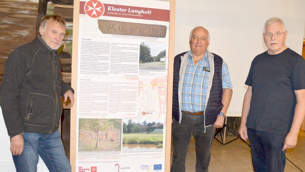 Um die Wanderausstellung „Johanniter an der Nordseeküste – Gemeinschaft, Glaube, Geschichte“ in einem würdigen Rahmen zu präsentieren war das Orga-Team „700 Jahre Langholt“ im Gulfhaus rund um die Uhr im Einsatz. Das Foto zeigt (von links) Heinz J. Giermanns, Bernhard Robbers und Paul Vosseler vom Orga-Team. Foto: Weers