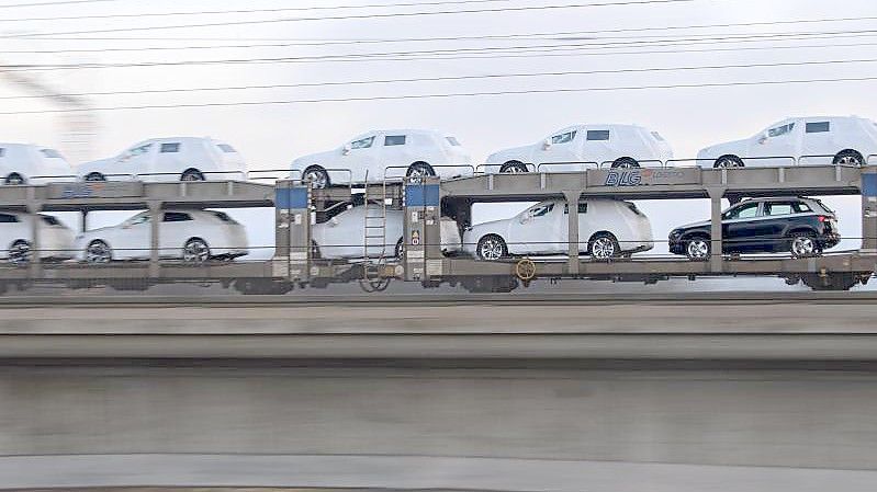 Ein Güterzug mit Neuwagen fährt über die Marienbrücke in Dresden. Foto: Robert Michael/dpa