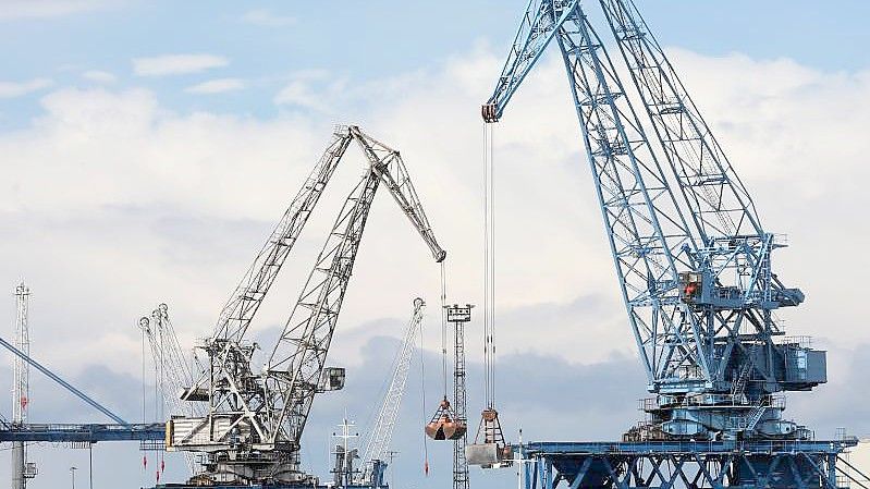 Im Seehafen an der Ostsee wird ein Schiff mit Kränen abgefertigt. Foto: Bernd Wüstneck/dpa