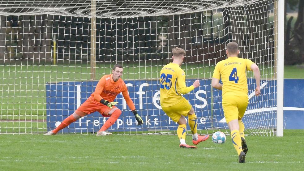 Nick Kaßmann trat zweimal zum Elfmeter an – zweimal ahnte Tim Kröger die Ecke. Foto: Lohmann