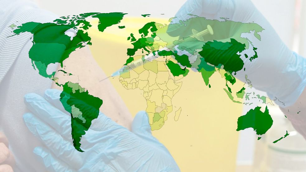 Inzwischen sind mehr als die Hälfte der Menschen weltweit mindestens einmal geimpft – jedoch sind die Geimpften ziemlich ungleich verteilt. Foto: Collage mit Material von Imago images/Dinendra Haria und OurWorldInData