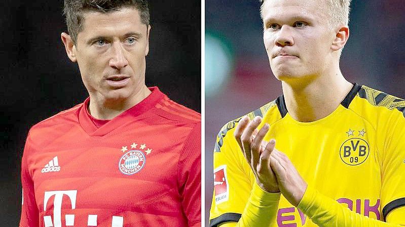 Im Spitzenspiel kommt es auch zum Duell der Torjäger Robert Lewandowski (l) und Erling Haaland. Foto: Soeren Stache/Guido Kirchner/dpa