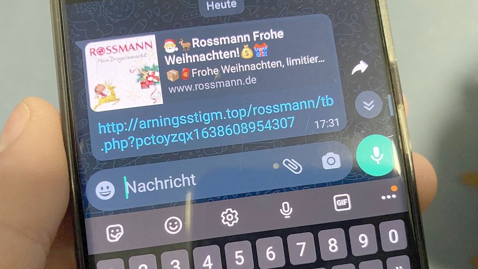 Wenn man diese Nachricht über WhatsApp bekommt, sollte man nicht auf den Link klicken. Es handelt sich um ein Fake-Gewinnspiel. Foto: Hagewiesche