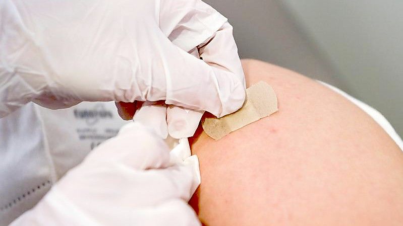 Eine Ärztin klebt nach einer Impfung ein Pflaster auf die Einstichstelle. Foto: Jens Kalaene/dpa-zentralbild/dpa