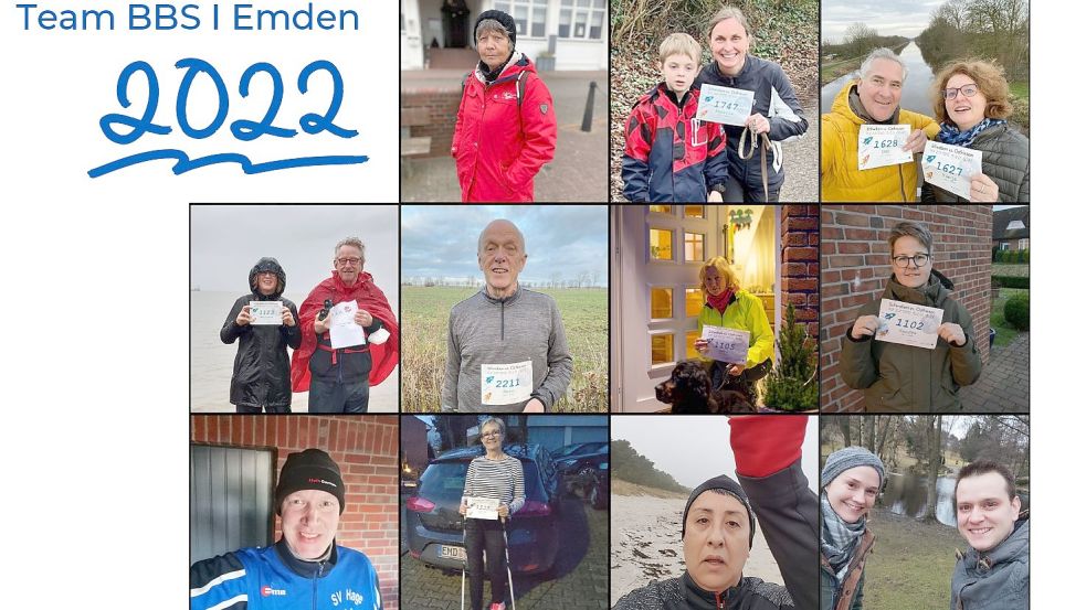 Für die Emder BBS I gingen Lehrkräfte und Schüler an den Start. Das Fotlo zeigt (oben von links): Dr. Margareta Nolte, Kerstin Löffler mit Sohn Philipp, Udo und Tanja Peters. Mitte (von links): Waltraud Kiepe und Helmut van Züren, Hero Georg Boomgaarden, Gabriele Harff-König mit Hund Jack, Sandra Lücht. Unten (von links): Rudolf Aelker, Sabine Eilert, Gabriela Ochoa-Frenz, Nicole und Jens Wiese.
