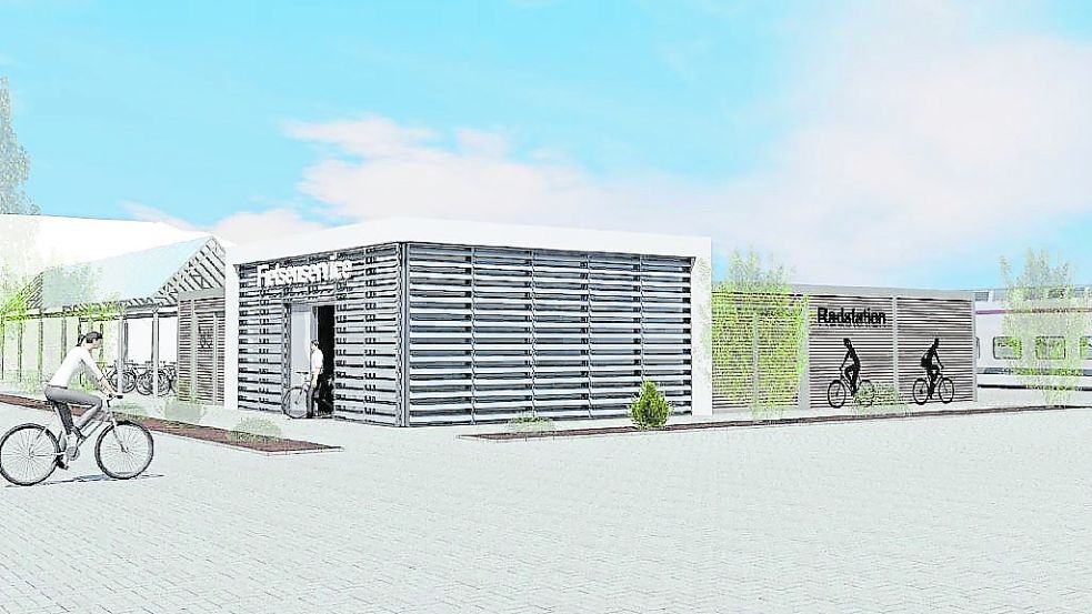So könnte die Fahrradstation am Bahnhof in Papenburg aussehen. Grafik: Stadt Papenburg