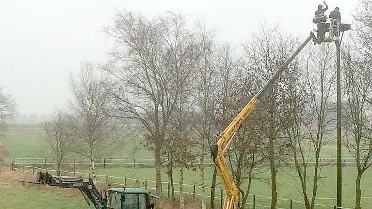 Thomas Janssen und Tammo Hinken haben die Storchennester im Potshauser Ortskern gereinigt. Foto: Privat