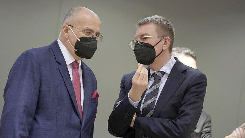 Lettlands Außenminister Edgars Rinkevics (rechts) hatte nach einem Appell der Ukraine an Ausländer, freiwillig mitzukämpfen, das Parlament angerufen. (Im Bild mit Polens Außenminister Zbiegniew Rau). Foto: Virginia Mayo/AP/dpa