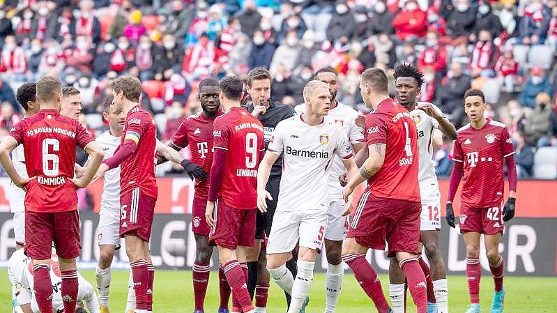 Die Spieler von Bayern München und von Bayer Leverkusen diskutieren mit Schiedsrichter Daniel Siebert. Foto: Sven Hoppe/dpa