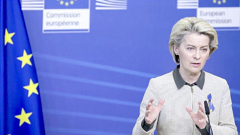 EU-Kommisionschefin Ursula von der Leyen während einer Pressekonferenz in Brüssel. Foto: Kenzo Tribouillard/AFP/AP/dpa
