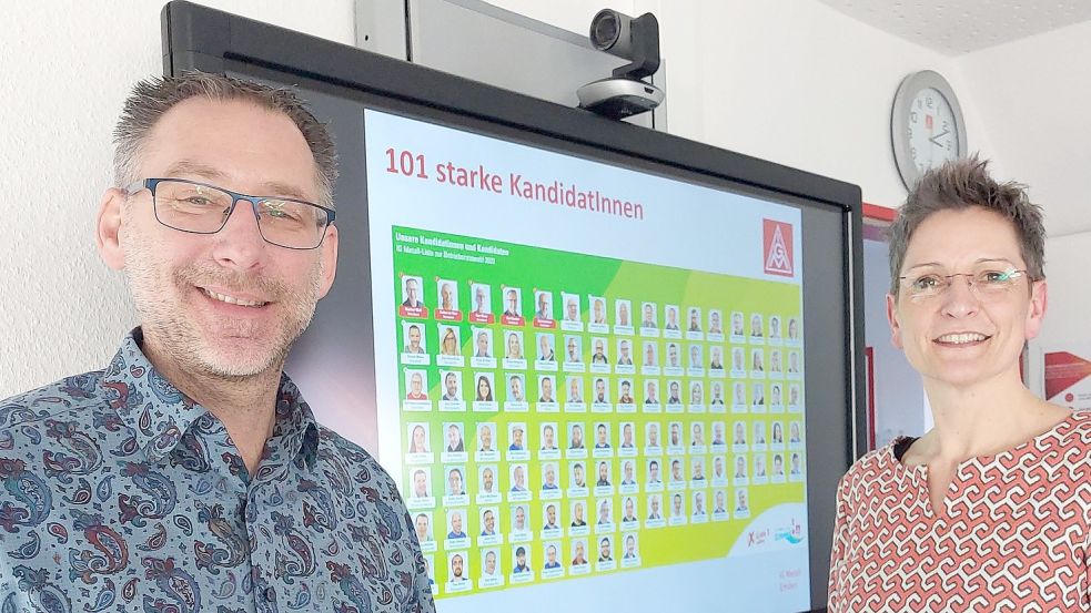 Manfred Wulff, Emder VW-Betriebsratsvorsitzender, und Franka Helmerichs, Geschäftsführerin der IG Metall in Emden, sprachen mit dieser Zeitung über die Wahlen bei VW kommende Woche und konkrete Themen. Foto: Hanssen