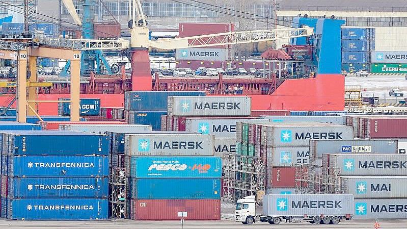 Container liegen im Hafen von St. Petersburg. Das Ifo-Institut erwartet, dass neue Sanktionen gegen Russland negative Auswirkungen auf das Land haben werden. Foto: Stringer/dpa