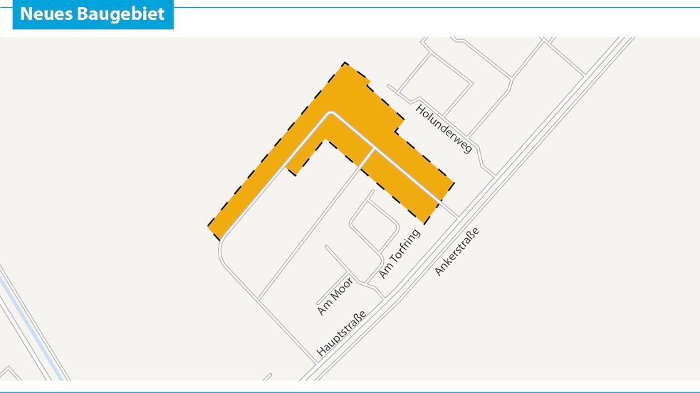 Das Neubaugebiet entsteht zwischen den Wohnlagen Holunderweg und Am Torfring an der Hauptstraße in Barßelermoor. Es soll 55 Grundstücke umfassen. Grafik: Fischer/ZGO