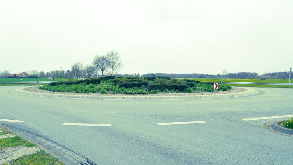 Die Bepflanzung mit Buchsbaum auf der Verkehrsinsel in Strücklingen-Utende ist nur im Herbst und Winter zu erkennen. Dargestellt wird ein Ordensstern. Hingewiesen werden soll damit auf die Johanniterkapelle in Bokelesch. Foto: Kruse