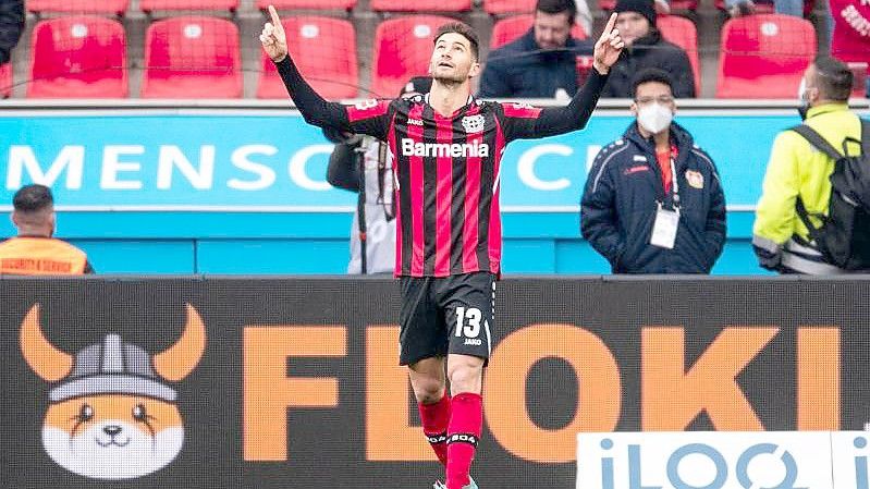 Brachte Leverkusen gegen die Hertha in Führung: Lucas Alario. Foto: Marius Becker/dpa