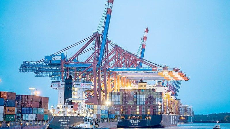 Containerschiffe liegen im Hamburger Hafen am Containerterminal Eurogate. Die deutsche Industrie befürchtet massive wirtschaftliche Folgen wegen des Ukraine-Krieges. Foto: Daniel Reinhardt/dpa