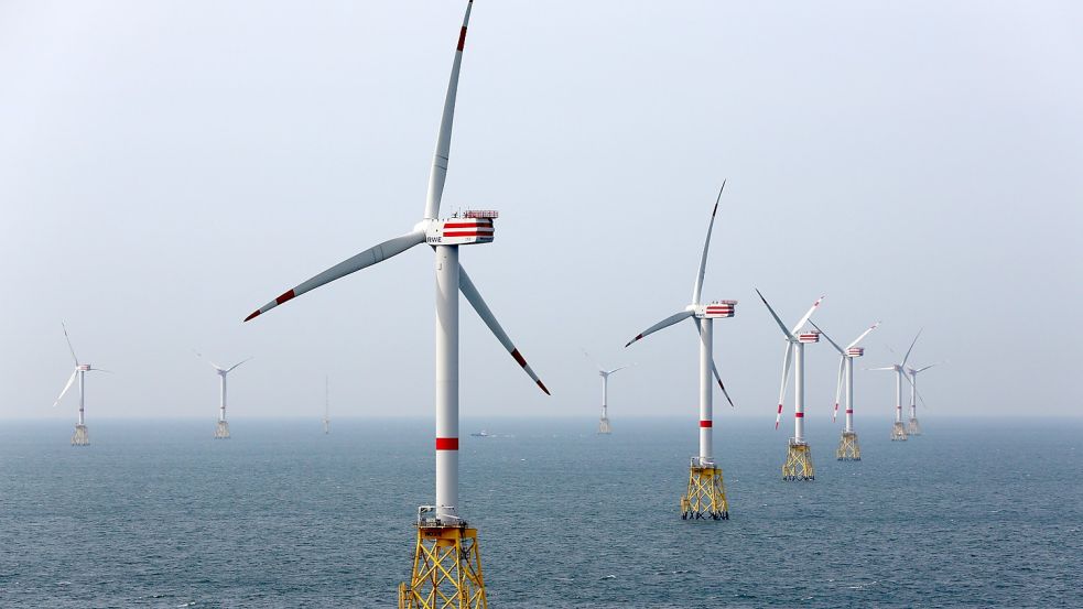 Windräder in der deutschen Nordsee: Bis 2045 will die Ampelkoalition die auf den Meeren installierte Windkraftleistung fast verzehnfachen. Foto: dpa