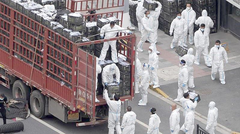 Ein Lastwagen mit Lebensmitteln wird entladen. Foto: -/CHINATOPIX/AP/dpa