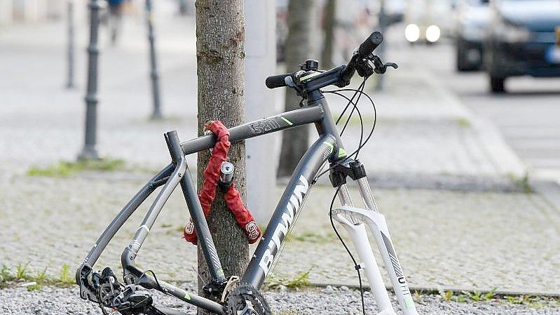 Von diesem angeketteten Fahrrad ist nicht mehr viel übrig geblieben. Foto: Jens Kalaene/dpa-Zentralbild/dpa