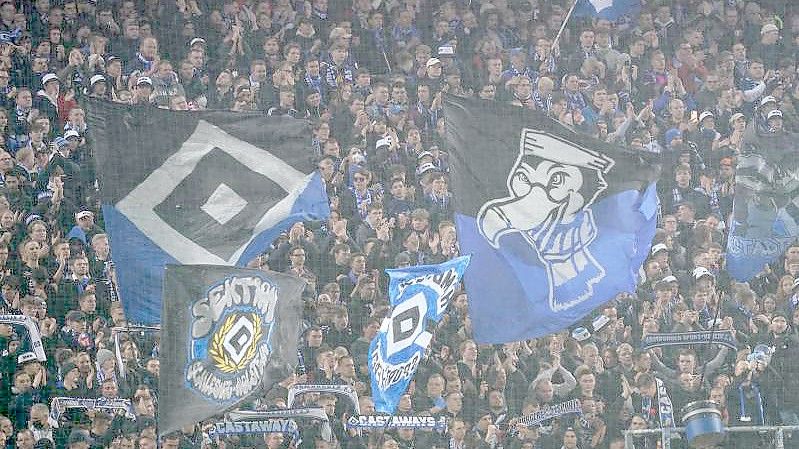 HSV-Fans stehen auf der Tribüne des Volksparkstadions. Foto: Marcus Brandt/dpa