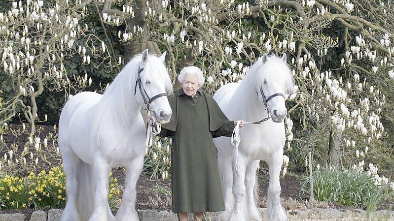 Königin Elizabeth II. zwischen ihren Fellponys Bybeck Nightingale (r) und Bybeck Katie. Foto: Henrydallalphotography.Com/Royal Windsor Horse Show/PA Media/dpa