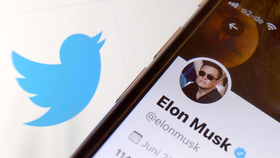 Der Twitter-Account von Elon Musk ist vor dem Logo der Nachrichten-Plattform Twitter zu sehen. Twitter steuert auf Übernahme durch den Tech-Milliardär zu. Foto: Hildenbrand/DPA