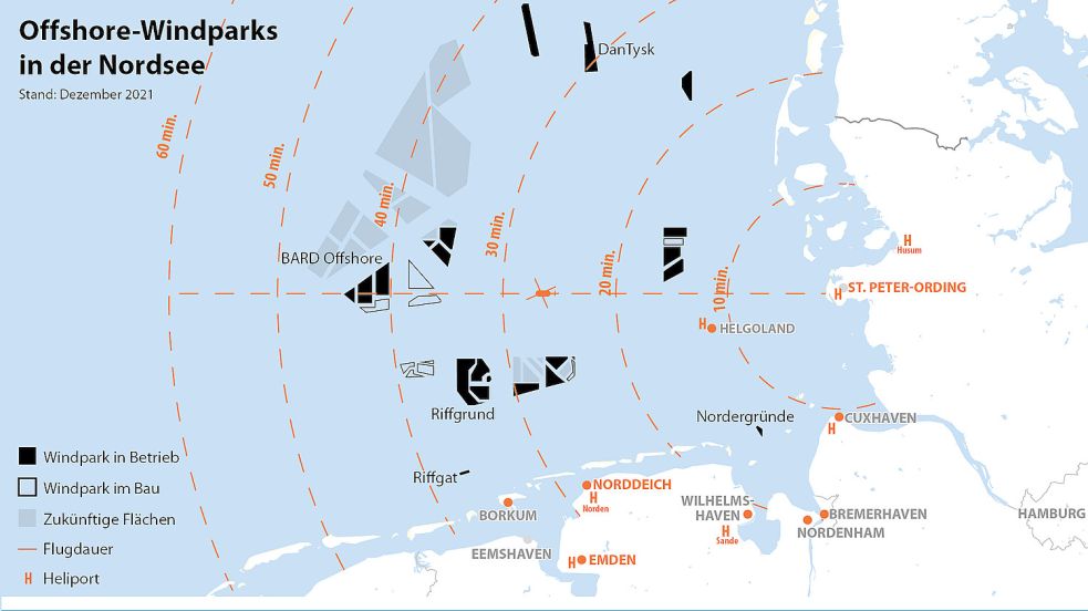 Der Radius der in St Peter Ording stationierten NHC-Rettungsflieger ist begrenzt. Sie müssen spätestens binnen einer Stunde nach der Alarmierung bei den in der Nordsee liegenden Windparks sein. Grafik: Jan Fischer