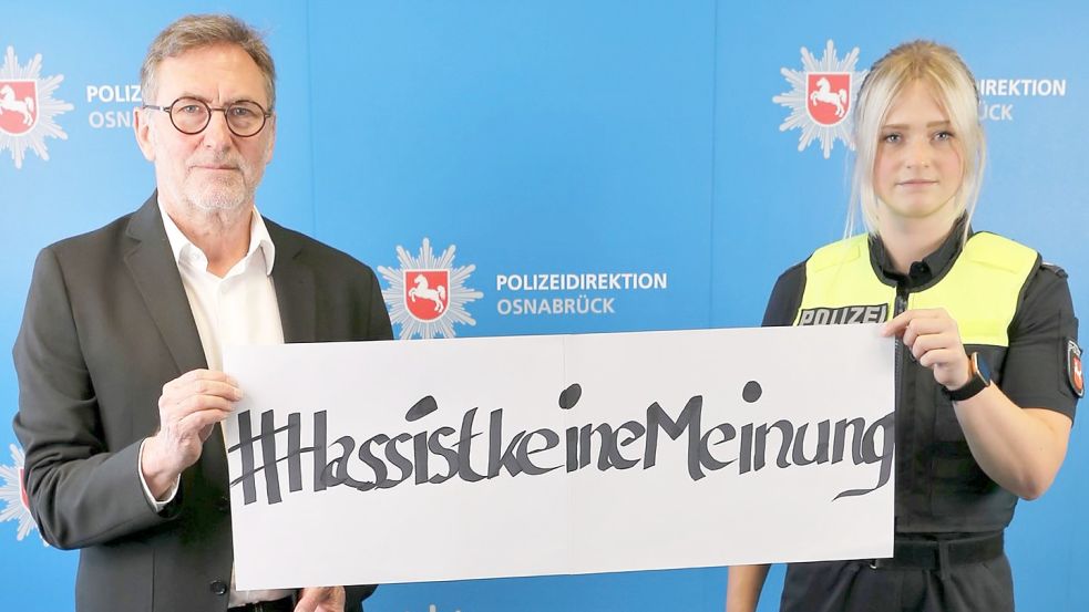 Polizeipräsident Michael Maßmann und Pressesprecherin Laura-Christin Brinkmann weisen auf die Aktionswoche hin. Foto: PD Osnabrück