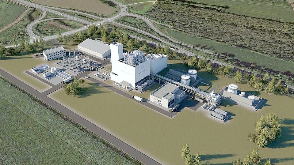 3D-Modell: So könnte die Hy2gen-Anlage auf dem rund 7 Hektar großen Areal südlich der Bundesstraße 72 aussehen. Baustart soll 2024 sein. Grafik: Hy2gen