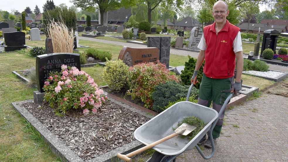 Peter Bockting bei seiner Arbeit auf dem Friedhof am Untenende in Ostrhauderfehn. Fotos: Zein